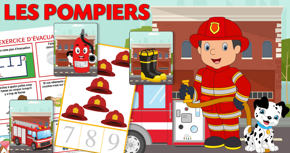 Illustration pour enfants de pompiers dans un camion de pompiers