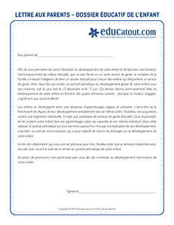 Lettre aux parents - Dossier educatif de l'enfant